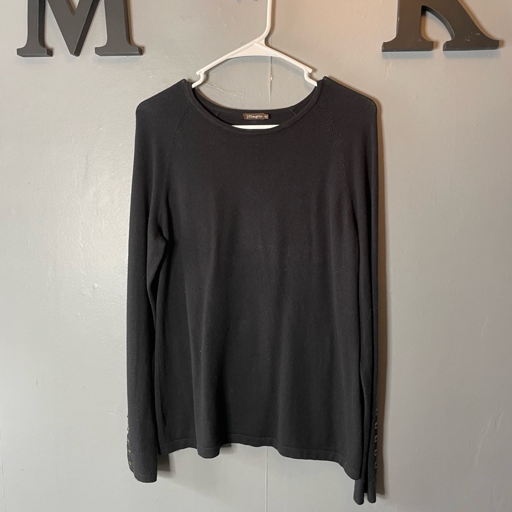 J.McLaughlin Black Long-Sleeve Knit Crewneck Sweater with button accent size med